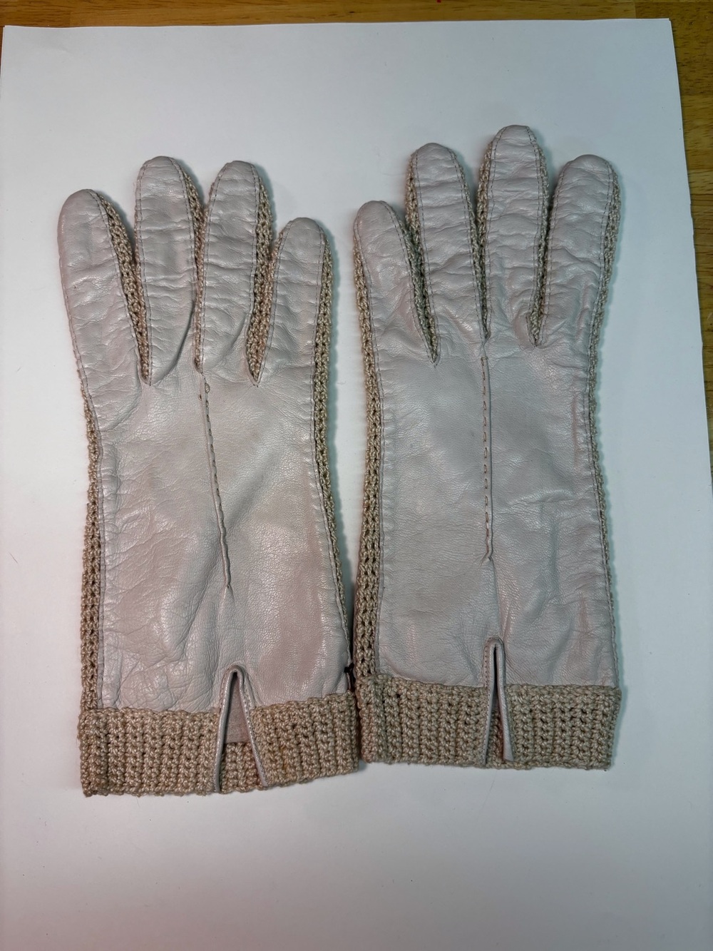 Women's Beige Leather Gloves with Knit Cuffs